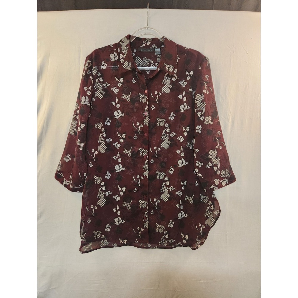 Women's Burgundy Floral Chiffon Long Blouse 3/4 Sleeve Size XL Sheer Flowy Airy